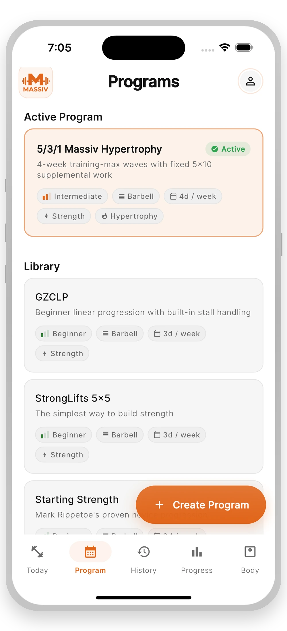 Massiv programs library screen