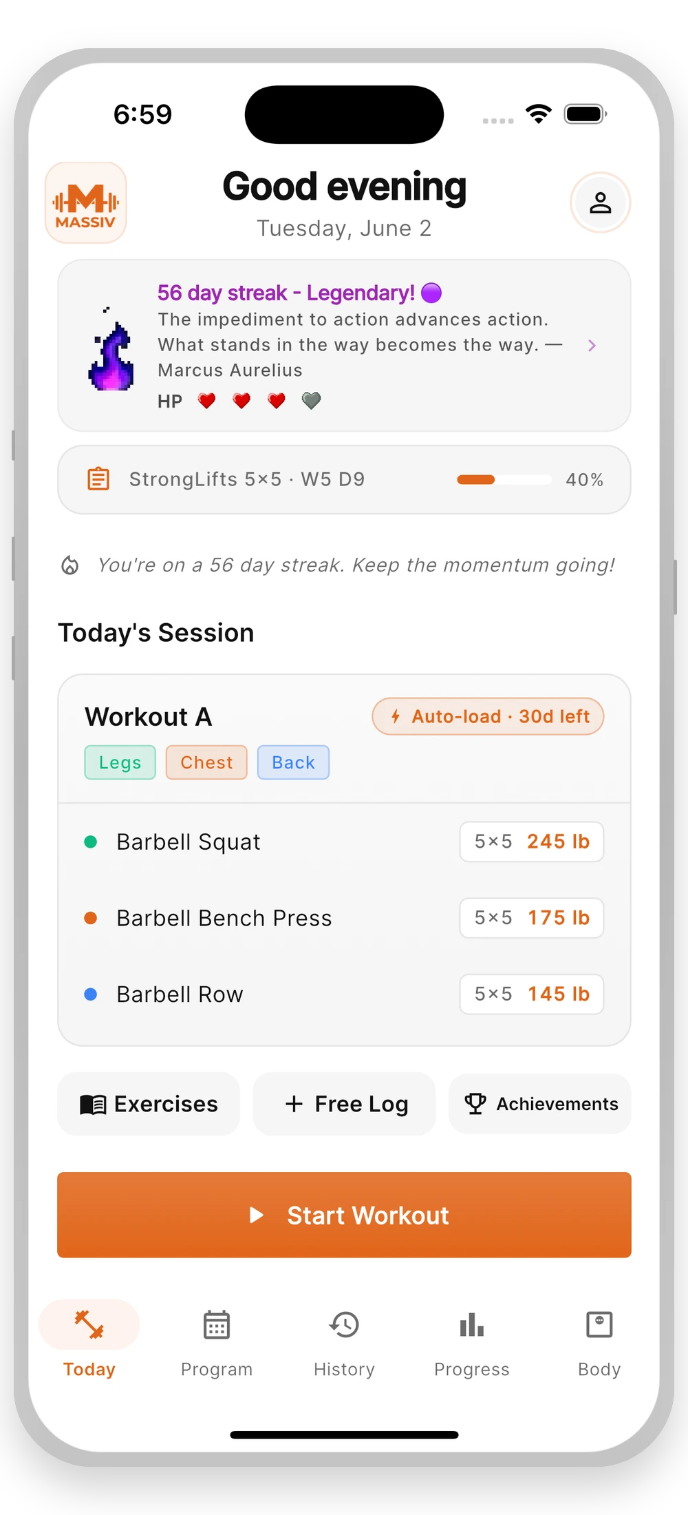 Massiv app — today screen
