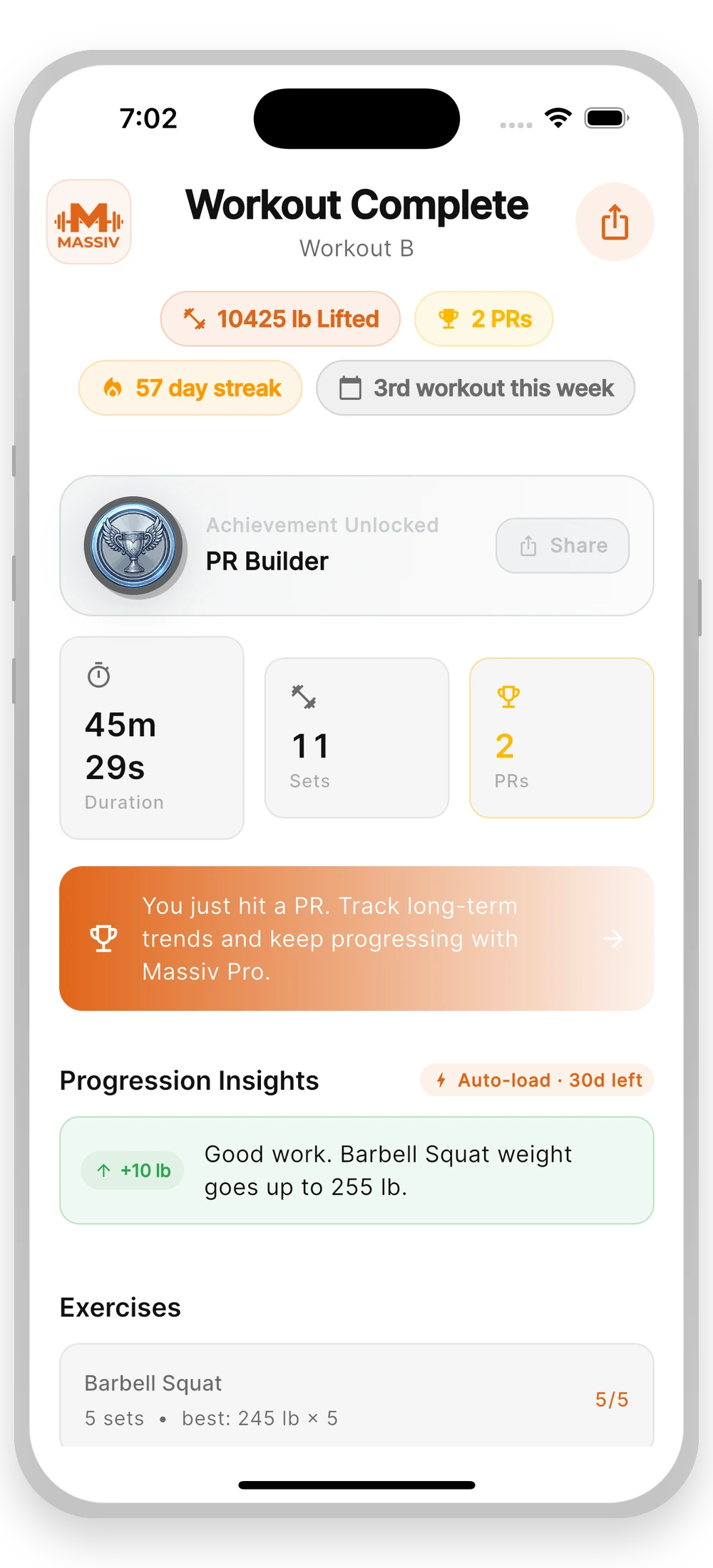 Massiv app — workout complete screen